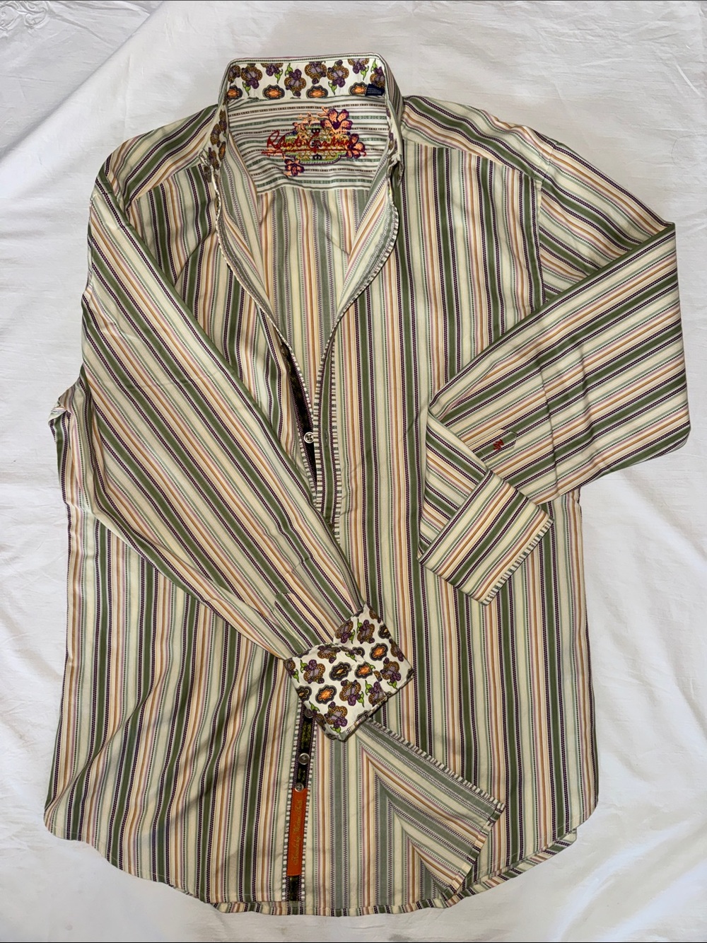 Robert Graham Multicolor Striped Long-Sleeve Button Down Shirt with Floral Trim